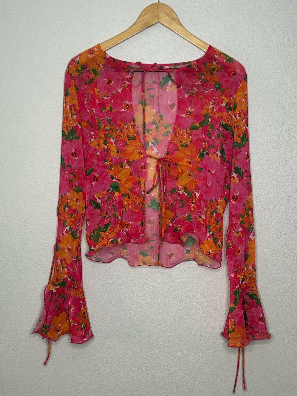 Rumored Pink & Orange Floral Tie-Front Sheer Blouse